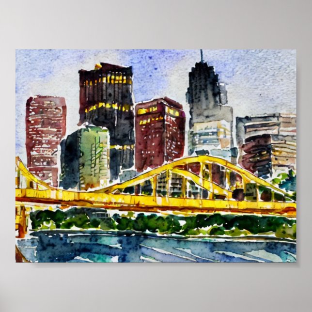 Póster Pittsburgh Skyline Watercoloring (Frente)