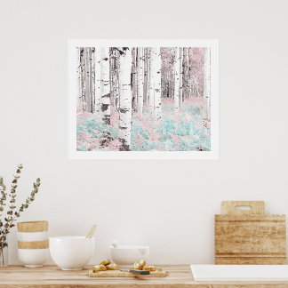 Póster PixDezines Bosque de abedules de invierno helechos