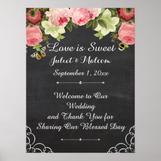 Póster PixDezines chalkboard/vintage roses/reception