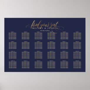Póster PixDezines Navy+Gold Calligraphy, Seating Chart