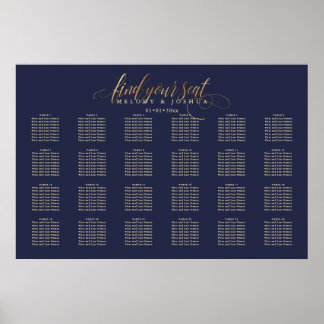 Póster PixDezines Navy+Gold Calligraphy, Seating Chart