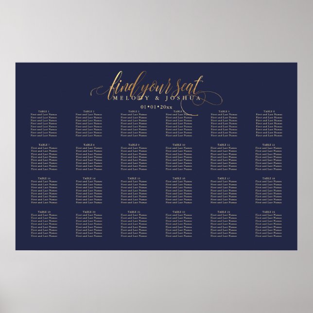 Póster PixDezines Navy+Gold Calligraphy, Seating Chart (Frente)