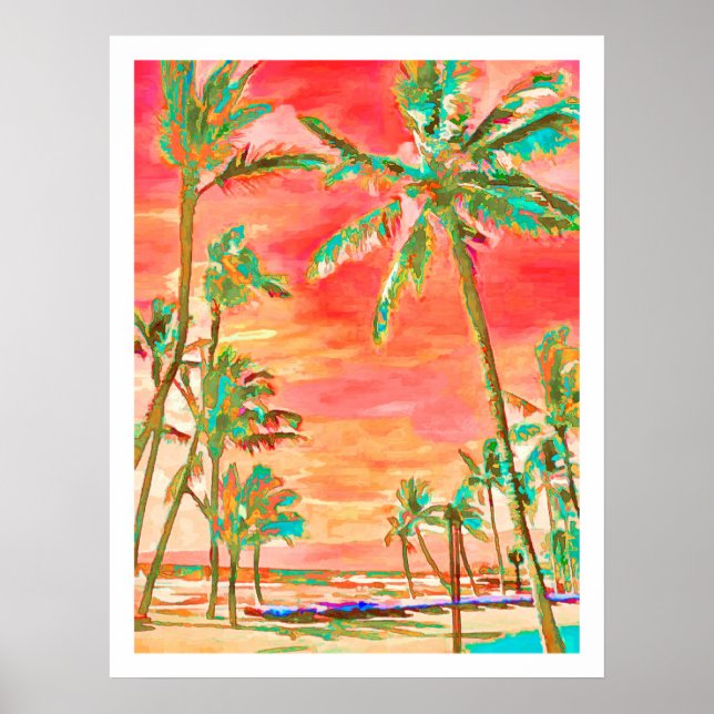 Póster PixDezines Sunset Hawaiian Beach/Coral/Verde azula (Frente)