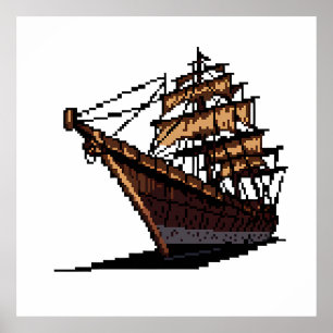 Póster Pixel Art Pirate Ship on Grey Background