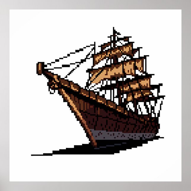 Póster Pixel Art Pirate Ship on Grey Background (Frente)