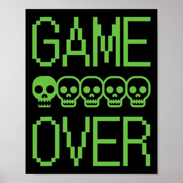 Póster Pixel Gamer Skull Game Over Retro Video Game Arcad (Frente)