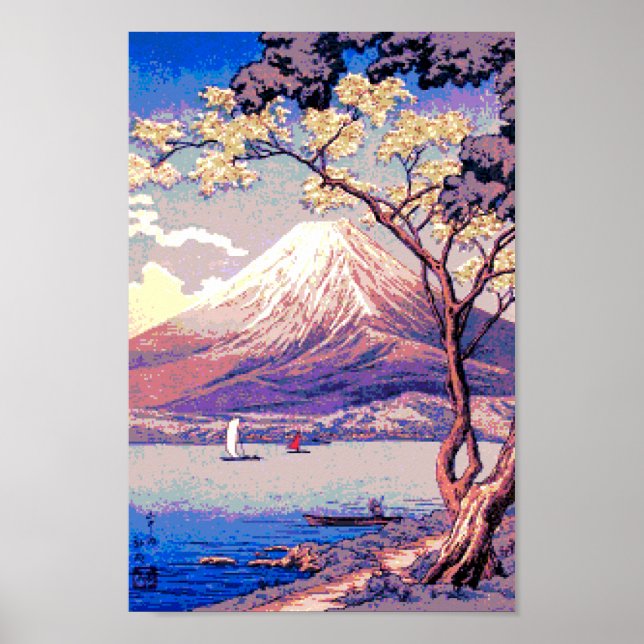 Póster Pixel Monte Fuji del lago Yamanaka en Dusk (Frente)