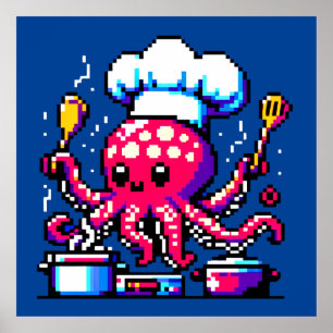 Póster Pixel Octopus Chef Funny Cooking y Seafood Design