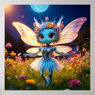 Póster Pixie Robot Ballerina bailando en flores silvestre