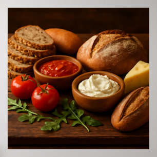 Póster Pizarra rústica de madera con queso de pan artesan