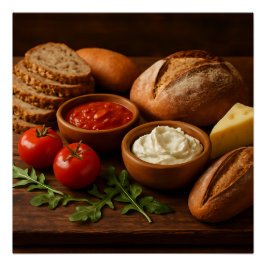 Póster Pizarra rústica de madera con queso de pan artesan