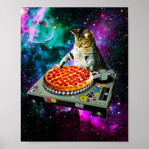 Póster Pizza de gato dj espacial