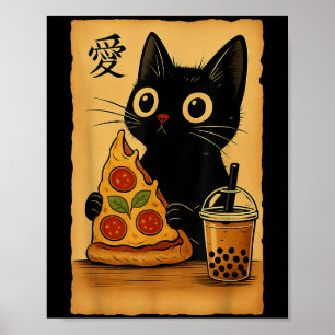 Póster Pizza Kawaii japonesa Anime Cat Un Té Cat Comiendo