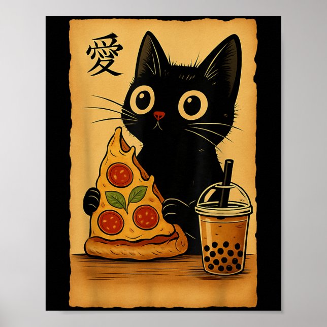 Póster Pizza Kawaii japonesa Anime Cat Un Té Cat Comiendo (Frente)