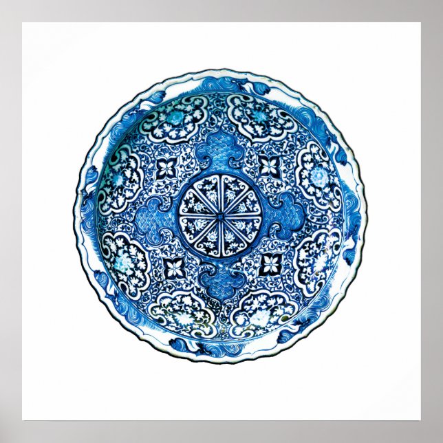 Póster Placa antigua china, azul cobalto y blanco (Frente)