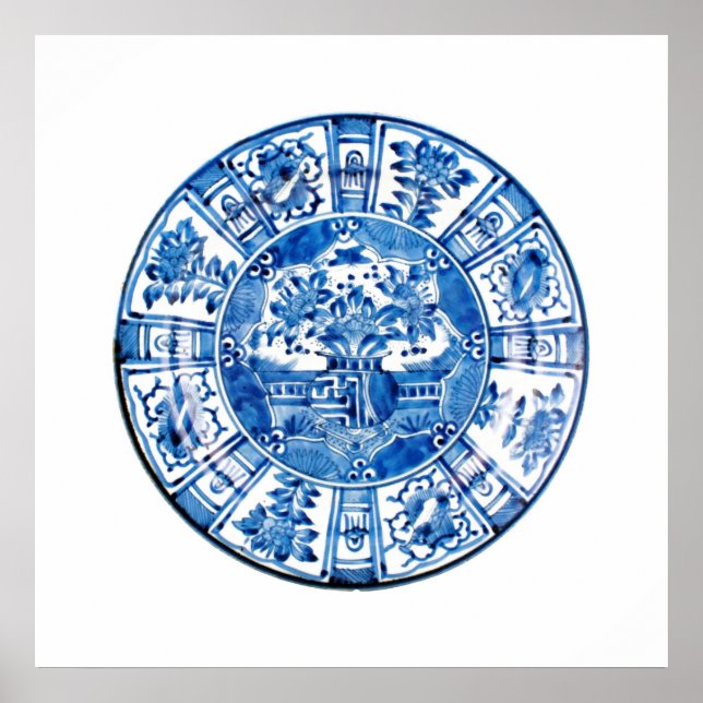 Póster Placa antigua china, funda de flores azules (Frente)