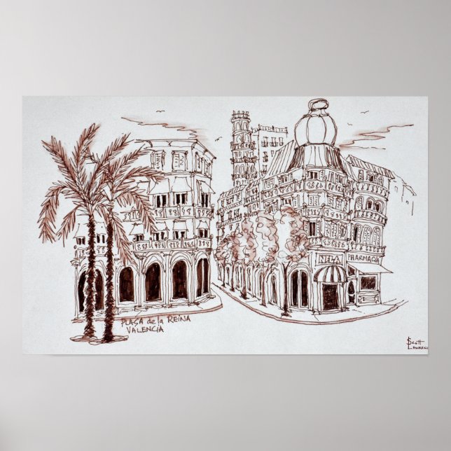 Póster Placa de la Reina en el casco antiguo de Valencia, (Frente)
