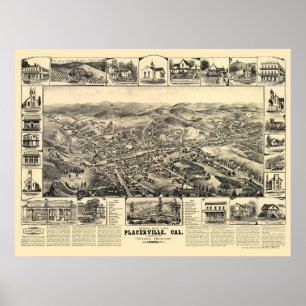 Póster Placerville, mapa panorámico de CA - 1888