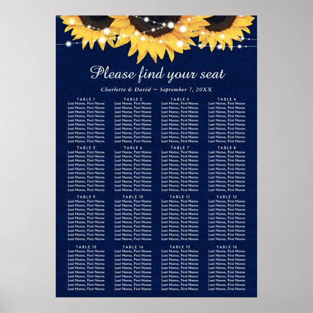 Póster Plan de asiento 16 para Bodas de girasol azul de l (Frente)