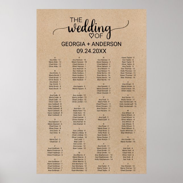 Póster Plan de asiento alfabético Faux Kraft simple (Frente)