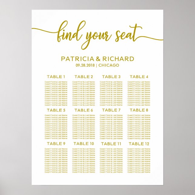 Póster Plan de asiento boda Elegante Caligrafía de oro (Frente)