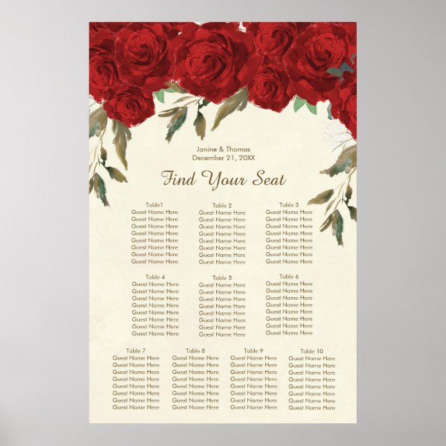 Póster plan de asiento de boda floral de rosas rojas (Frente)
