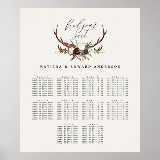 Póster Plan de asiento de boda floral rústico (Frente)