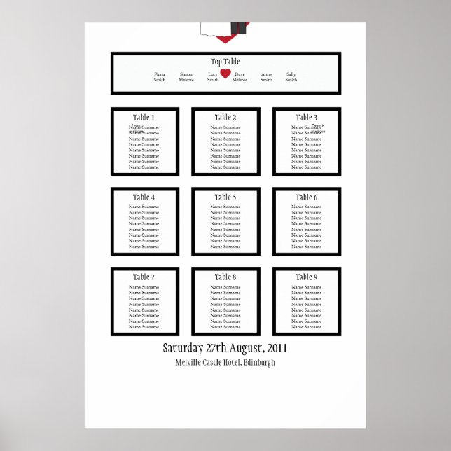 Póster Plan de asiento de mesa de la pareja de bodas (Frente)