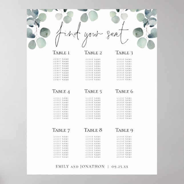 Póster Plan de asiento Eucalyptus Encuentre a su Boda de  (Frente)