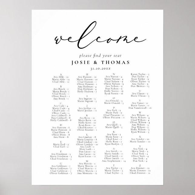 Póster Plan de asiento para Bodas de caligrafía Minimalis (Frente)