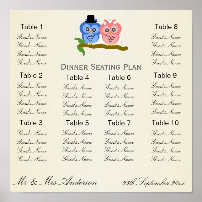 Póster Plan de asiento para Bodas Owl Champagne (Frente)