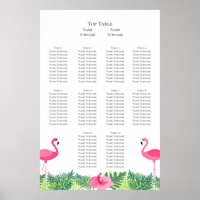 Póster Plan de asiento para Bodas tropicales Aloha Pink F (Frente)