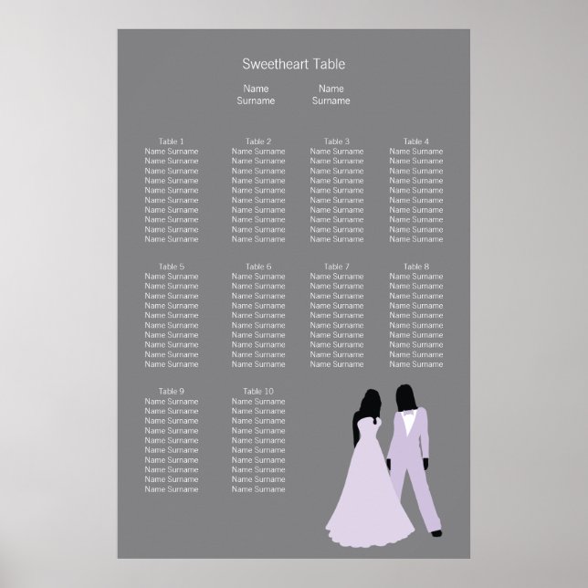 Póster Plan de asiento para dos novias Boda (Lilac y Gris (Frente)