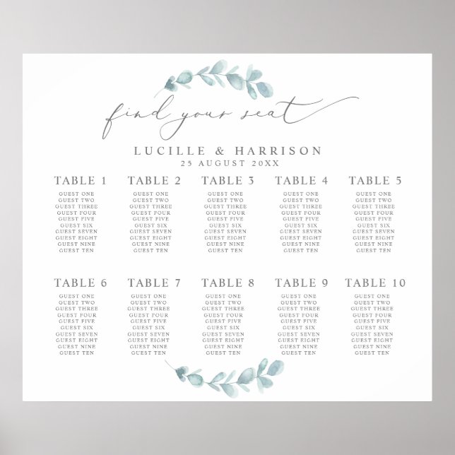 Póster Plan de asiento para el Boda de Eucalyptus etéreo (Frente)