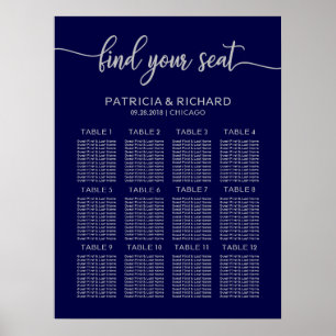 Póster Plan de Asientos de Boda Chic Azul Marino Plata