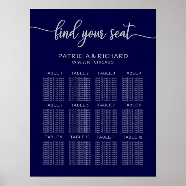 Póster Plan de Asientos de Boda Chic Azul Marino Plata (Frente)