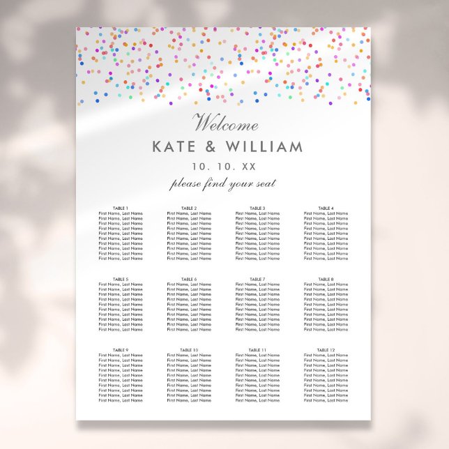 Póster Plan de Asientos de Boda con Confeti de Arcoíris (Rainbow Confetti Wedding Seating Plan Chart)