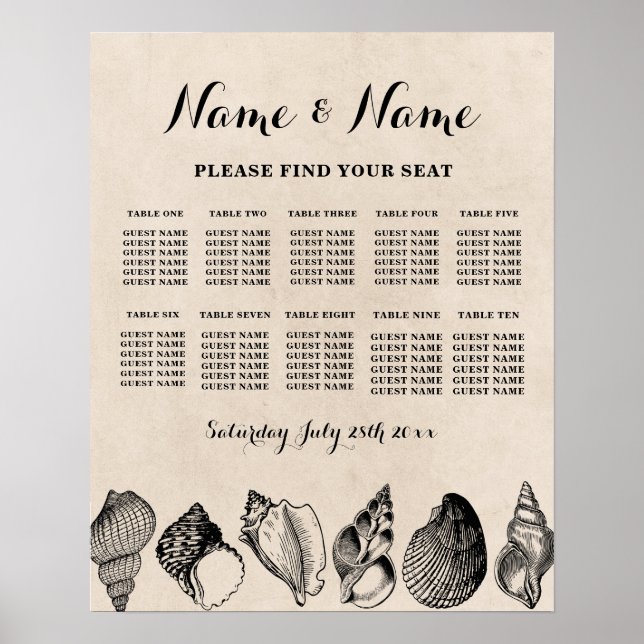 Póster Plan de Asientos de Boda de 10 Asientos Conchas Ma (Frente)