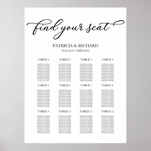 Póster Plan de Asientos de Boda de 12 Mesas Chic Script (Frente)