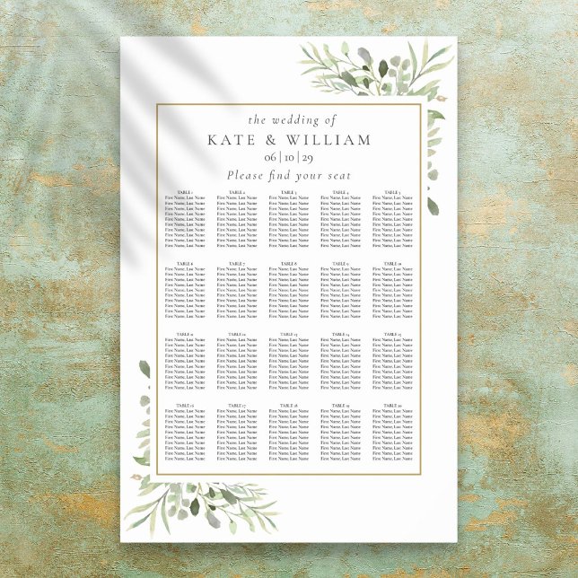 Póster Plan de Asientos de Boda de Vegetación Moderna (Modern Greenery Wedding Seating Plan Chart)