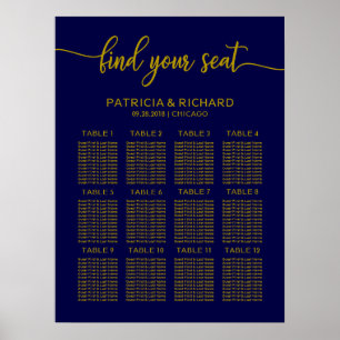 Póster Plan de Asientos de Boda Elegante Dorado Azul Mari