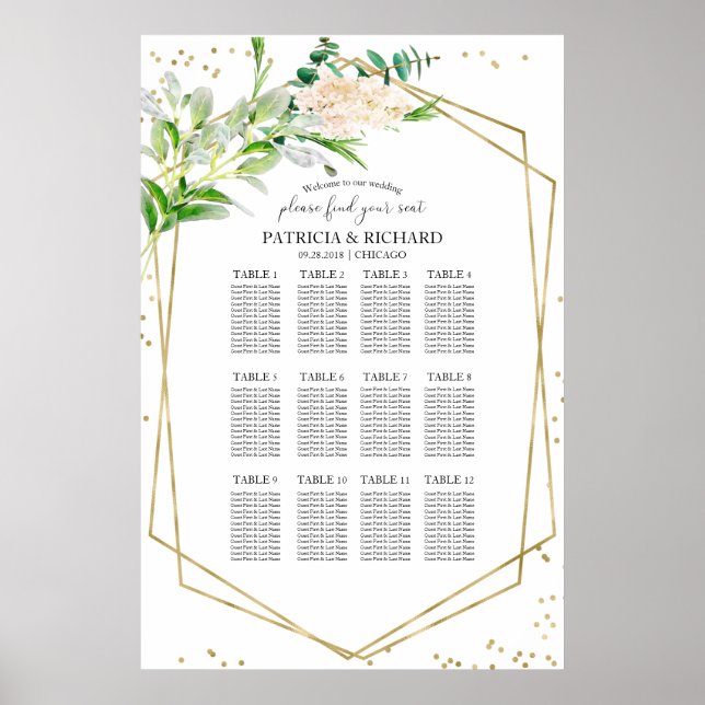 Póster Plan de Asientos de Boda Elegante Vegetación (Frente)