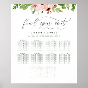 Póster plan de asientos de boda floral acuarela rosa rubo