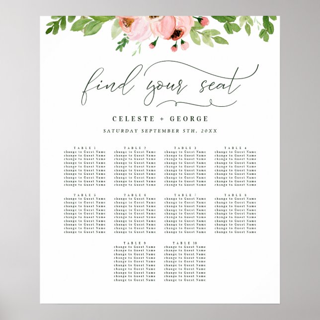 Póster Plan de asientos de boda floral acuarela rosa rubo (Frente)