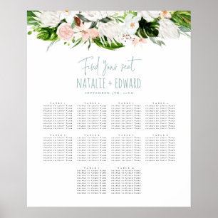 Póster Plan de asientos de boda floral acuarela tropical