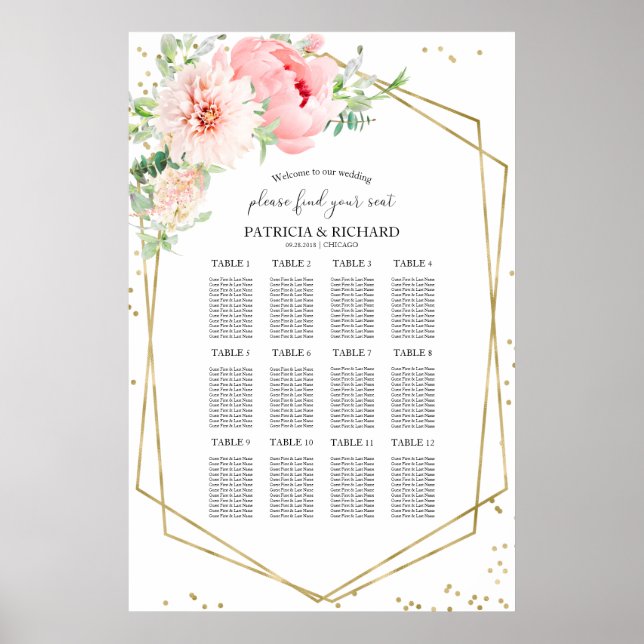 Póster Plan de Asientos de Boda Floral Blush Geométrico (Frente)