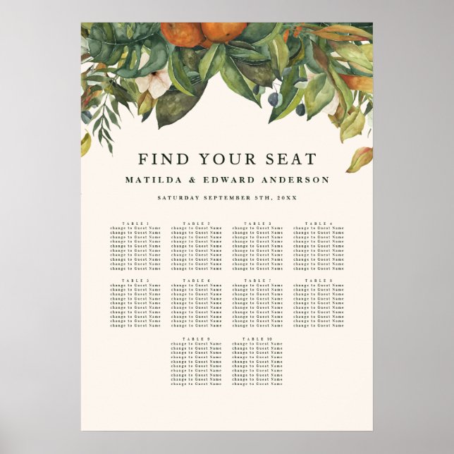 Póster Plan de asientos de boda floral botánica de cítric (Frente)