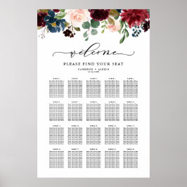 Póster Plan de Asientos de Boda Otoñal Floral Acuarela