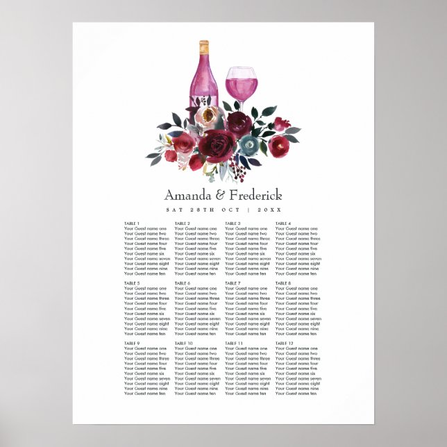 Póster Plan de Asientos de Cata de Vino Tinto Boho Burgun (Frente)