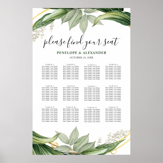 Póster Plan de Asientos de Mesa con Hojas de Verdes Botán (Frente)
